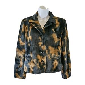 Harve Benard Jacket Womens 8P Black Brown Vegan Faux Fur Cropped Collared Button